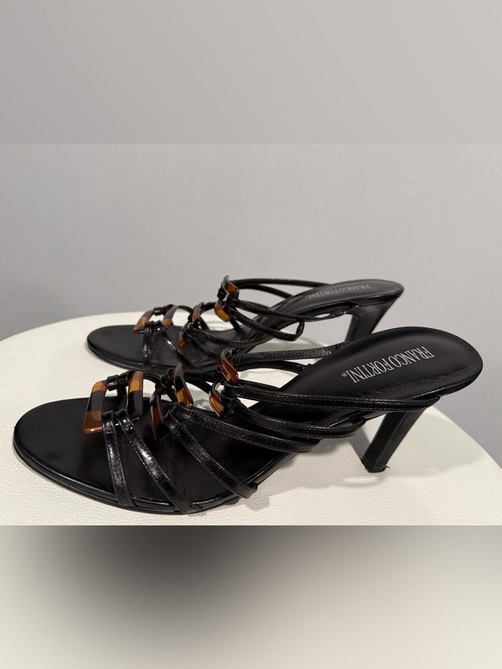 Franco Fortini Black Strappy Heeled Sandals with Tortoiseshell Accents